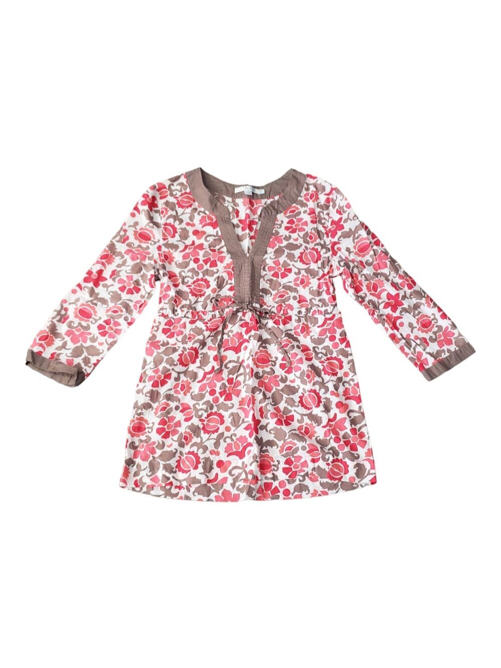 Boden Fall Festive Floral & Leaf Print V Neck 3/4 Sleeve Tie Waist Tunic Shirt